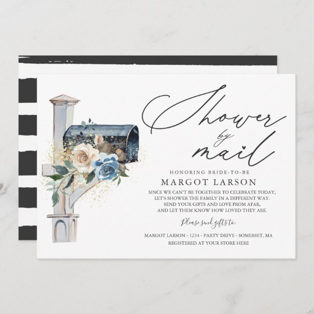 Bridal Shower By Mail Invitation Blue White Floral (Front/Back)