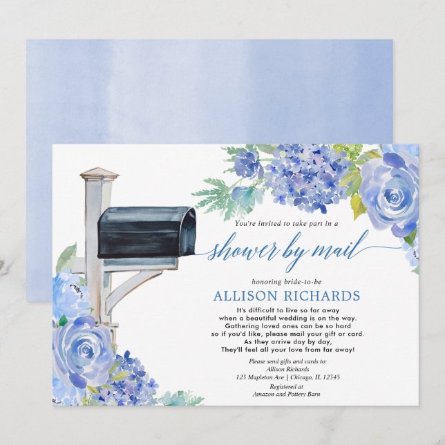 Bridal shower by mail navy blue white floral green invitation (Front/Back)