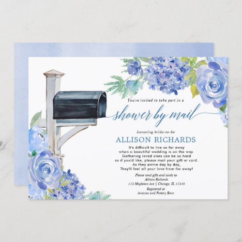 Bridal shower by mail navy blue white floral green invitation