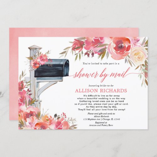 Bridal shower by mail pink coral floral botanical invitation