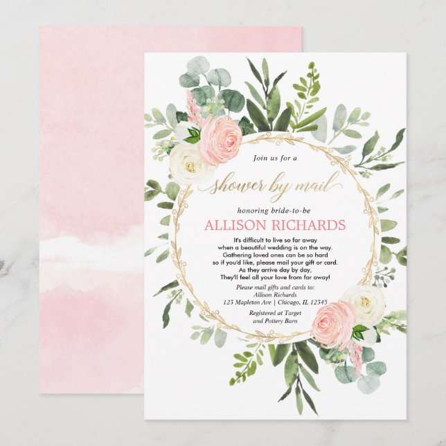 Bridal shower by mail pink gold greenery elegant invitation (Front/Back)
