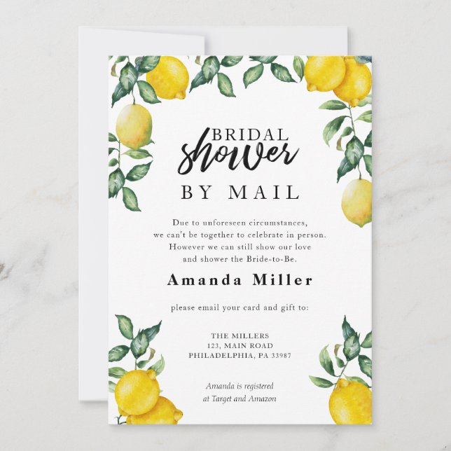 Bridal Shower by mail with watercolor lemons Save The Date (Front)