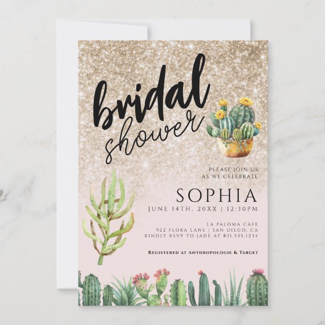 Bridal Shower Cactus Gold Glitter Glamorous Glam D Invitation (Front)
