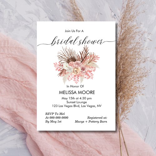 Bridal Shower Calligraphy Boho Dusty Rose Floral Invitation