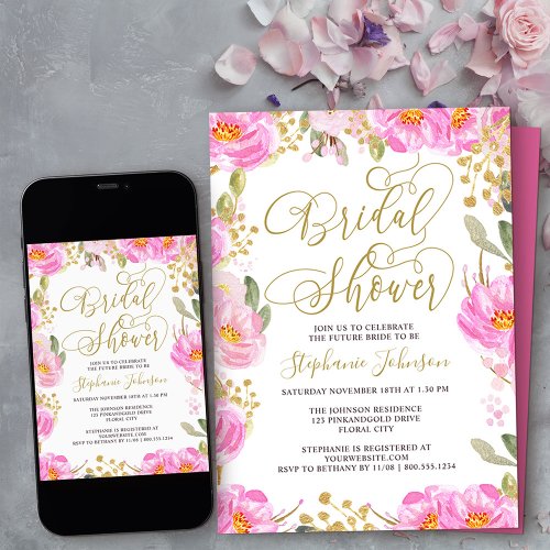 Bridal Shower Calligraphy Pink and Gold Floral Invitation