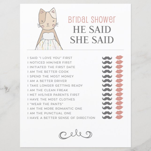 Bridal Shower Cat Theme He Said She Said Game (Front)
