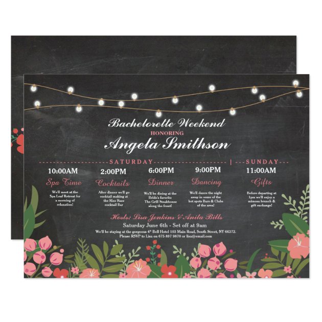 Bridal Shower Chalk Coral Itinerary Bachelorette Invitation