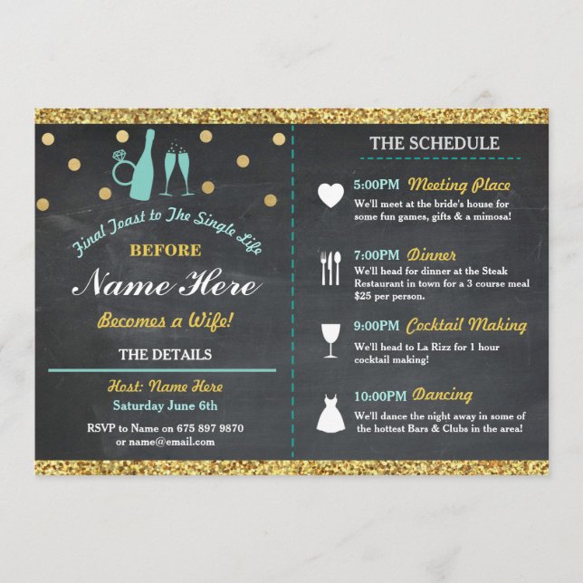 Bridal Shower Chalk Itinerary Bachelorette Gold Program (Front)
