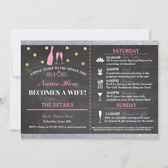 Bridal Shower Chalk Itinerary Bachelorette Invite (Front)