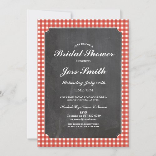 Bridal Shower Chalk Party Rustic Red Check Invite