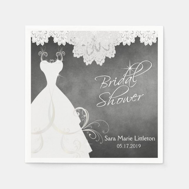 Bridal Shower Chalkboard with White Lace & Gown Paper Napkins (Front)
