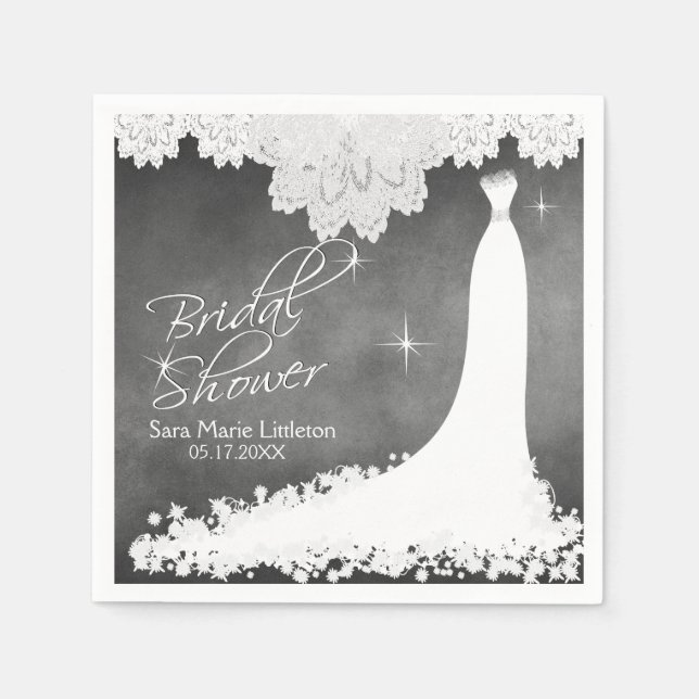 Bridal Shower Chalkboard with White Lace & Gown Paper Napkins (Front)