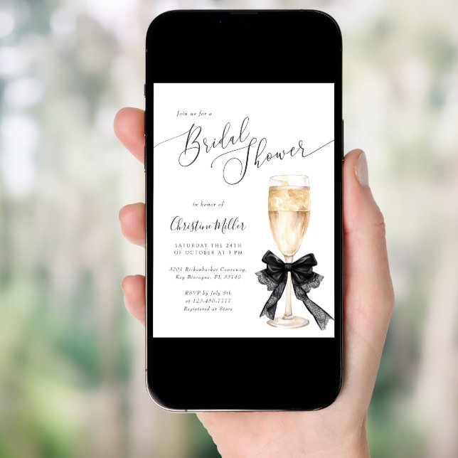 Bridal Shower Champagne Invitation with Black Bow  (Front Digital)