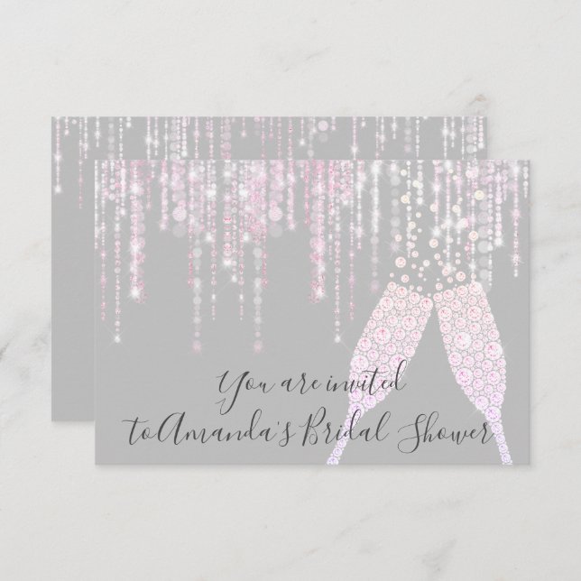Bridal Shower Champaigne Glass Bubbles Gray Pink Invitation (Front/Back)