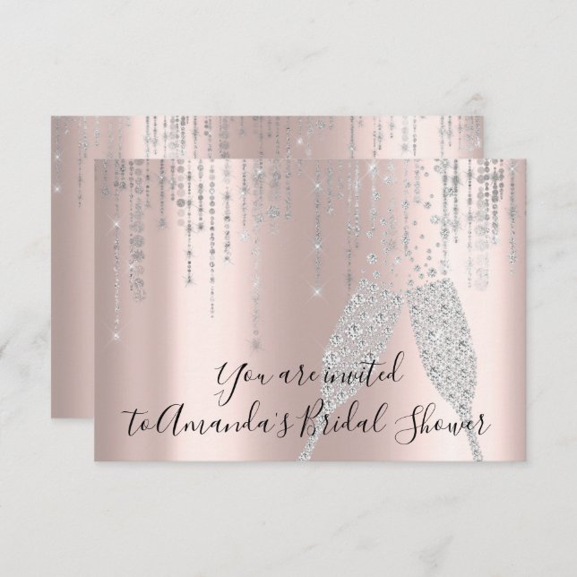 Bridal Shower Champaigne Glass Bubbles Silver Rose Invitation (Front/Back)