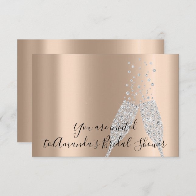 Bridal Shower Champaigne Glass Bubbles Silver Rose Invitation (Front/Back)