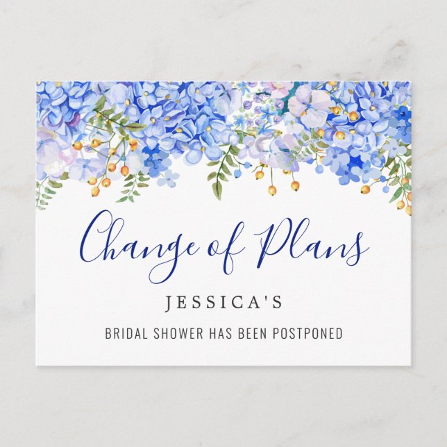 Bridal Shower Change of Plans Blue Hydrangeas Postcard (Front)