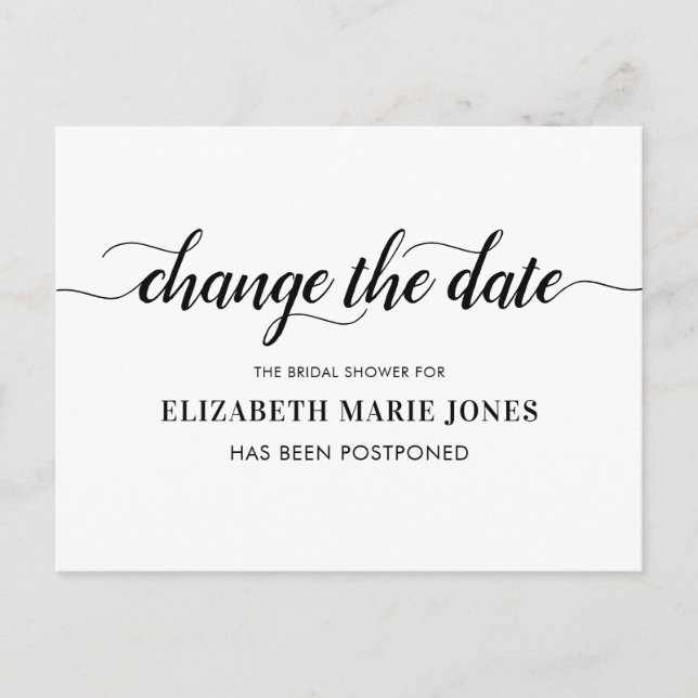 Bridal Shower Change the Date Elegant Typography Announcement Postcard (Front)