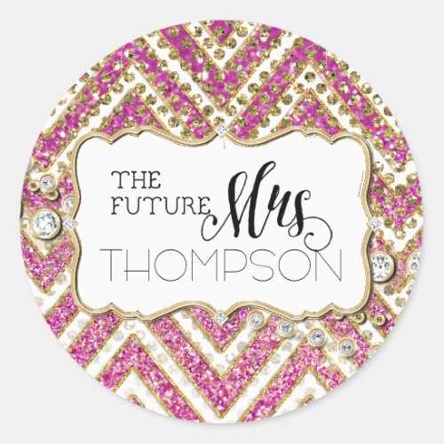 Bridal Shower Chevron Striped Jewel Glitter Pink Classic Round Sticker