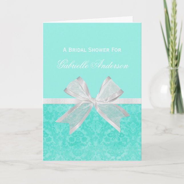 Bridal Shower Chic Aqua Damask Girly White Bow Invitation (Front)