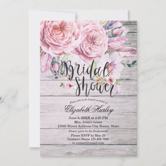 Bridal Shower Chic Boho Floral Feather Rustic Wood Invitation (Front)