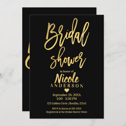 BRIDAL SHOWER Chic Gold Foil Black Modern Script Invitation