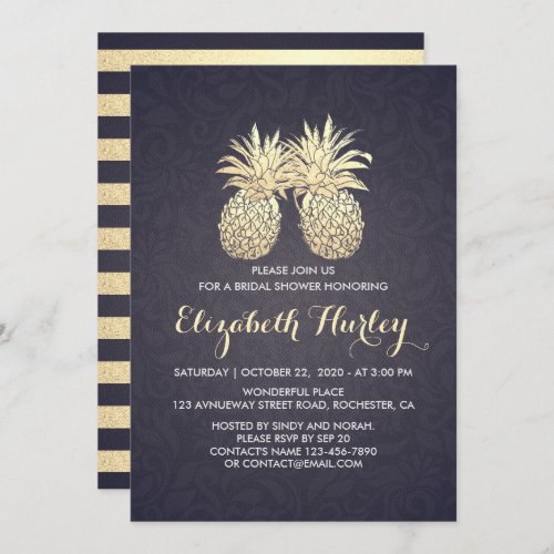 Bridal Shower Chic Gold Pineapple Couple Navy Blue Invitation