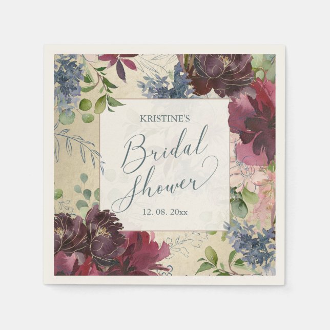 Bridal Shower Chic Marsala Floral Watercolor Gold  Napkins (Front)