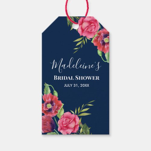 Bridal Shower Chic Red and Pink Flowers Dark Navy  Gift Tags