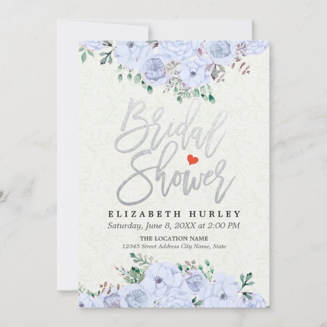 Bridal Shower Chic Silver Script Watercolor Floral Invitation (Front)