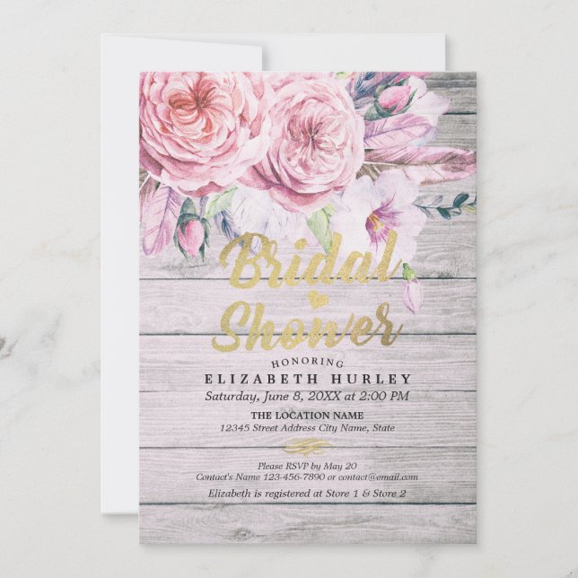 Bridal Shower Chic Watercolor Boho Floral Feather Invitation (Front)
