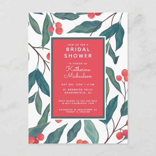 BRIDAL SHOWER  Christmas Holiday Floral Postcard