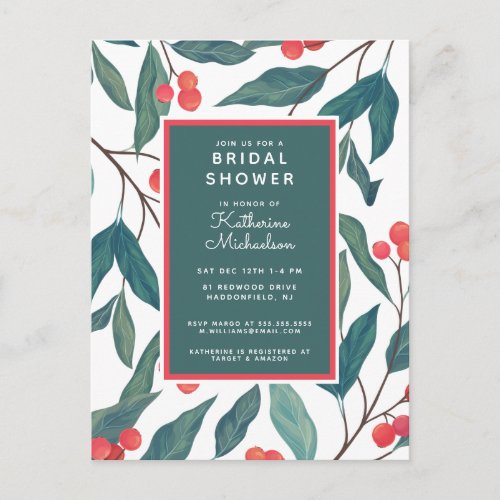 BRIDAL SHOWER  Christmas Holiday Floral Postcard