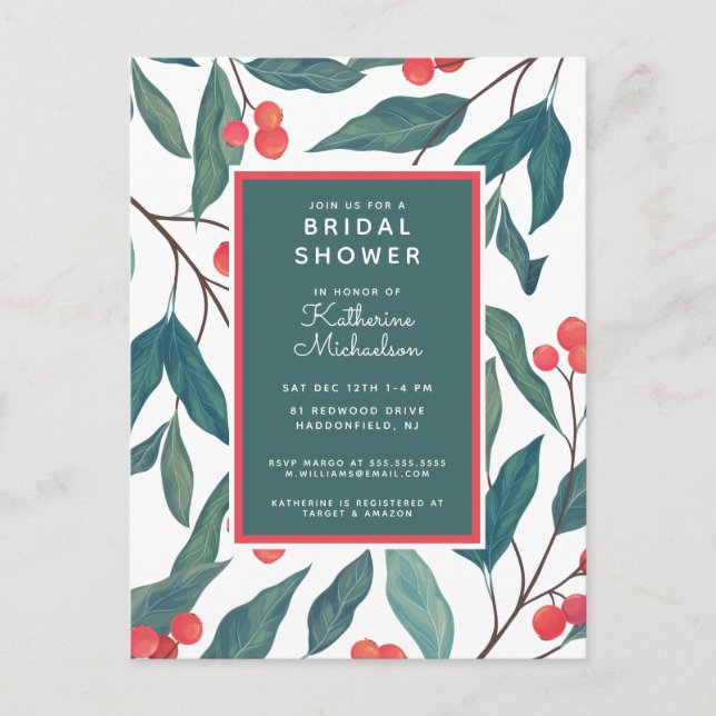 BRIDAL SHOWER | Christmas Holiday Floral Postcard (Front)