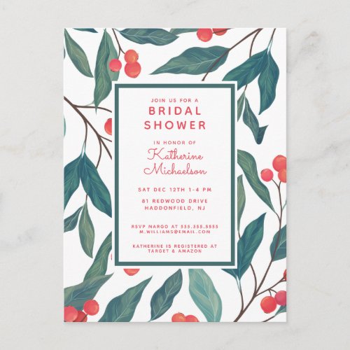 BRIDAL SHOWER  Christmas Holiday Floral Postcard