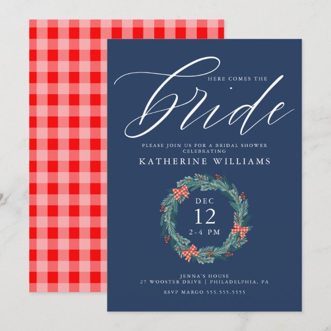 BRIDAL SHOWER | Christmas Holiday Gingham Wreath Invitation (Front/Back)