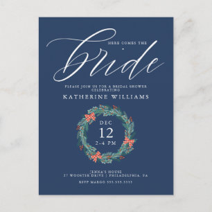 BRIDAL SHOWER Christmas Holiday Gingham Wreath Postcard