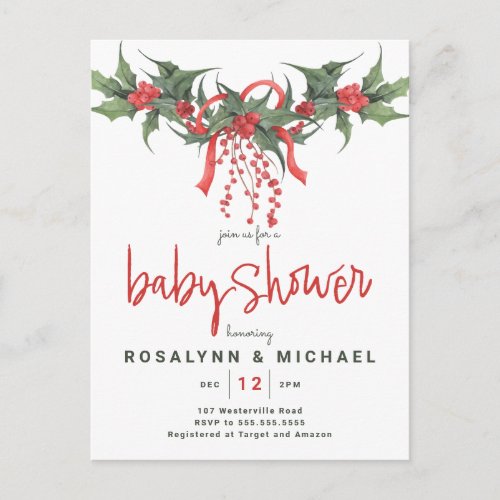 BRIDAL SHOWER  Christmas Holiday Holly Floral Postcard