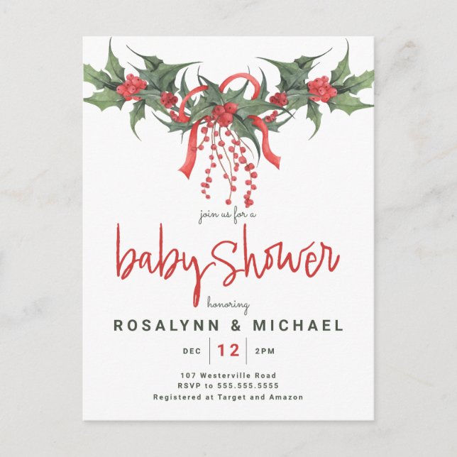 BRIDAL SHOWER | Christmas Holiday Holly Floral Postcard (Front)