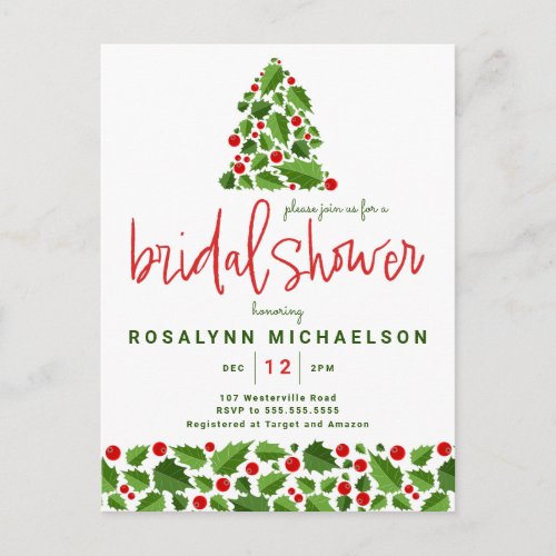 BRIDAL SHOWER  Christmas Holiday Holly Floral Postcard