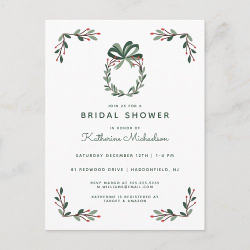 BRIDAL SHOWER  Christmas Holiday Holly Postcard