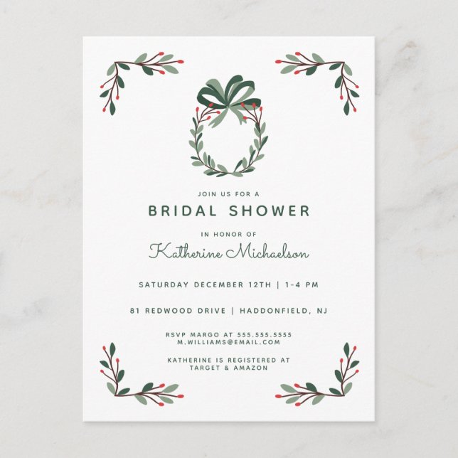 BRIDAL SHOWER | Christmas Holiday Holly Postcard (Front)