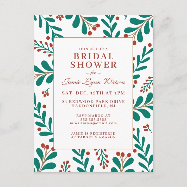BRIDAL SHOWER | Christmas Mistletoe & Holly Postcard (Front)