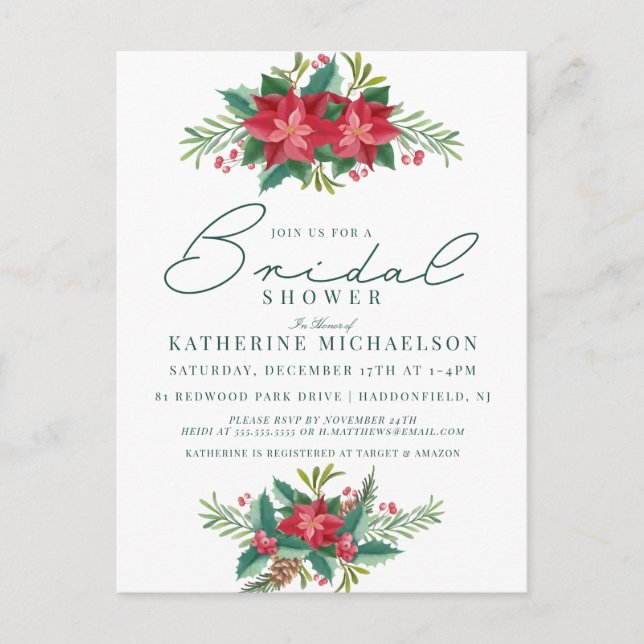 BRIDAL SHOWER | Christmas Pastel Poinsettia Floral Postcard (Front)