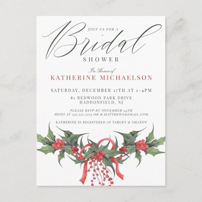 BRIDAL SHOWER | Christmas Watercolor Floral Postcard (Front)