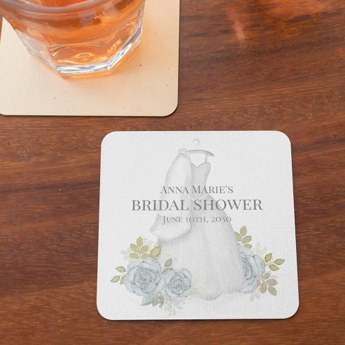Bridal Shower Classic Elegant Blue Floral Wedding  Square Paper Coaster