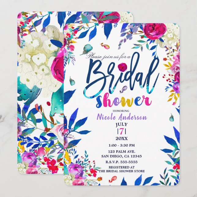 Bridal Shower Colorful Bright Bold Floral Flowers Invitation (Front/Back)