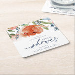 Bridal Shower Colorful Orange & Dusty Blue Peony Square Paper Coaster<br><div class="desc">Bright,  Colorful Bridal Shower Paper Coasters with Orange; Peach and Blue Florals: These unique bridal shower coasters feature orange,  peach and dusty blue botanical leaves and flowers at the top.

Change your text to make it your own. You can also change your text color and background color!</div>