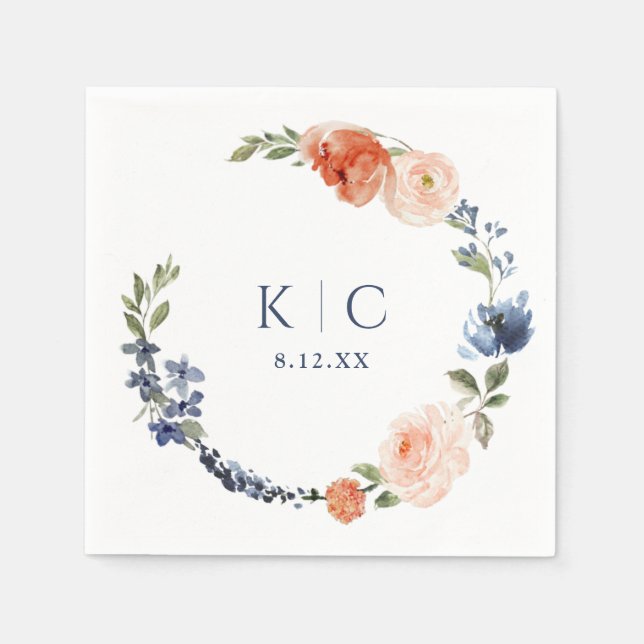 Bridal Shower Colorful Orange & Dusty Blue Wreath Napkins (Front)