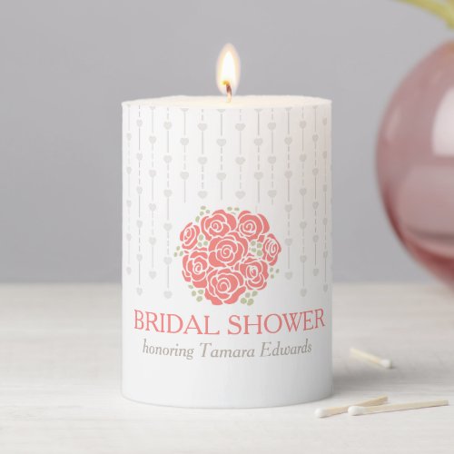 Bridal shower coral flower grey showering hearts  pillar candle